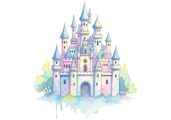 Naklejka premium Fantasy castle with blue turrets towers.