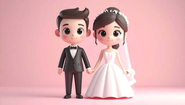 Cute 3d Illustration of a Cartoon Groom and Bride Holding Hands