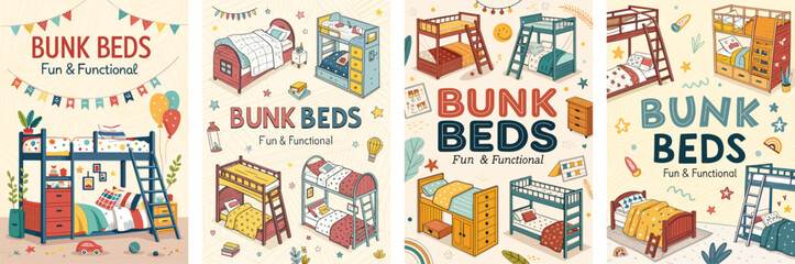 Naklejka premium Colorful illustrations of bunk beds for kids, showcasing fun and functionality.