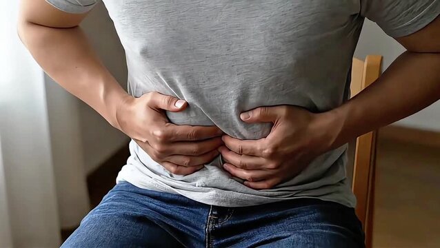 A person holding their stomach in discomfort, possibly indicating abdominal pain or digestive issues