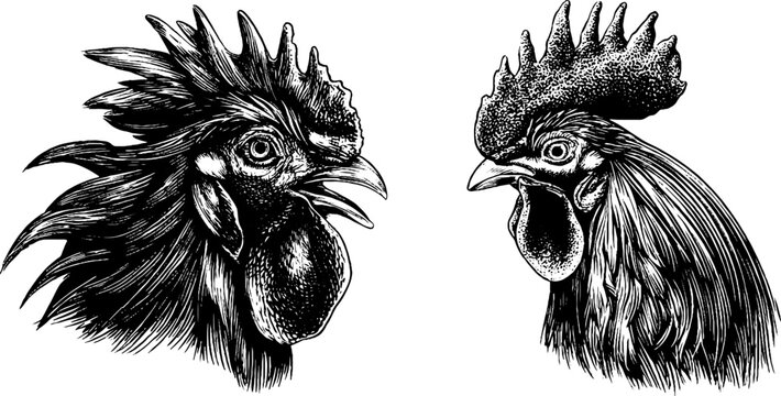 Vintage rooster head and full rooster hand-drawn engraving illustration set for design