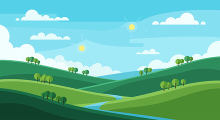 Obraz premium St. Patrick’s day landscape with hills, trees, river flowing gently under sunny sky