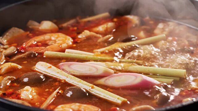 Spicy Tom Yum soup boiling with shrimp and adding lemongrass 4K Video