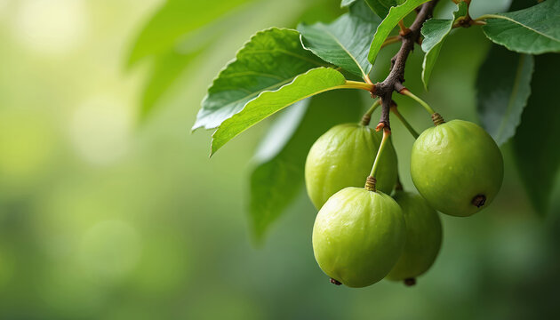 Green amla fruits grow on a tree branch. The amla berries are unripe and hang in a bunch. Nature background shows soft focus leaves and light bokeh.