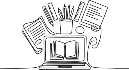 Continuous line drawing of online learning, school supplies, stationery storage, exam, office supplies, education One Line Drawing Vector.