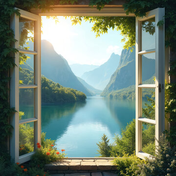 Open window frames view of calm lake nestled between green mountains. Sunlight streams through leaves onto serene water body. Peaceful natural scenery unfolds beyond glass.