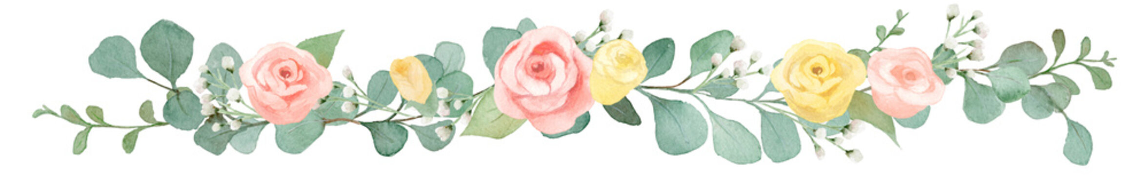 Watercolor Pink Yellow Rose and Baby's breath Border Line: Elegant Floral Divider for Wedding and Romantic Events-300dpi-