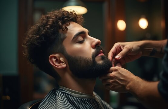 Man gets beard trim from barber in shop. Close up of client relaxing while barber shapes facial hair with hands. Skilled hands trim beard detail.