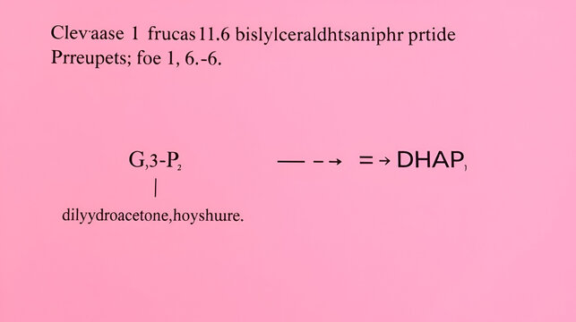 Cleavage of fructose-1,6-bisphosphate to glyceraldehyde-3-phosphate (G-3-P) and dihydroxyacetone phosphate (DHAP) molecular skeletal formula diagram on on pink background.