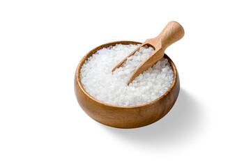 High angle view of coarse sea salt crystals in a wooden bowl with scoop, isolated on a transparent...