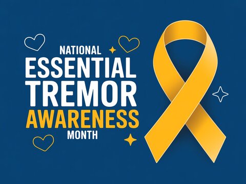 National essential tremor awareness month banner with yellow ribbon on blue
