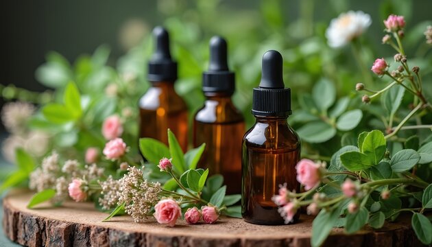Amber glass dropper bottles filled with natural serums sit with fresh green herbs and pink blossoms. Essential oils offer a pure botanical beauty routine. Homemade wellness spa products.