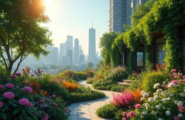 Fototapeta premium Rooftop garden overlooks cityscape with skyscrapers and sun flare. Lush greenery and colorful flowers grow along winding path next to building.