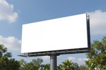 Fototapeta premium Billboard Mockup Against Blue Sky: Blank Advertising Space for Outdoor Marketing Campaigns and Promotional Design