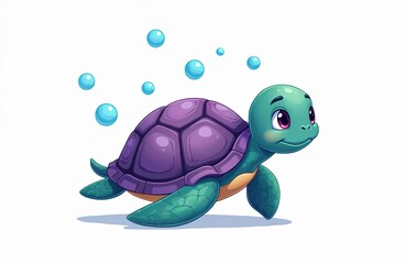 Obraz premium Cute cartoon turtle swims with blue bubbles. This adorable character has a purple shell and green body. Great for kids content and marine life education materials.