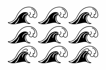 Obraz premium A set of minimalist wave icons in black and white, arranged in rows on a plain background