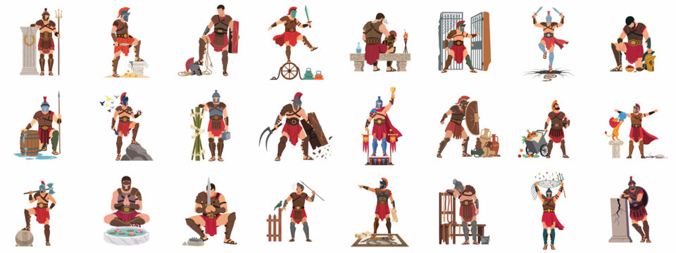 A comprehensive collection of ancient Roman gladiators depicting various types, poses, weapons, and historical activities in vector flat illustration style.