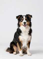 Studio Shot of a Beautiful and Happy Australian Shepherd Dog Sitting on a White Background