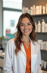 Obraz premium Young woman with a bright smile in a white lab coat smiles warmly. She works in a professional salon or clinic, offering beauty and cosmetic services. Her friendly demeanor invites trust.