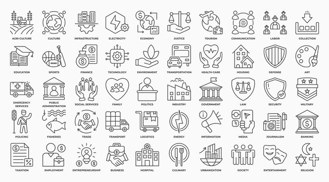 Sector of society icon set. Containing agriculture, education, healthcare, energy, technology, transportation, arts, justice and more. Line vector icons collection. 
