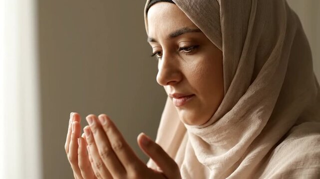 Close up of muslim woman in hijab praying with open hands