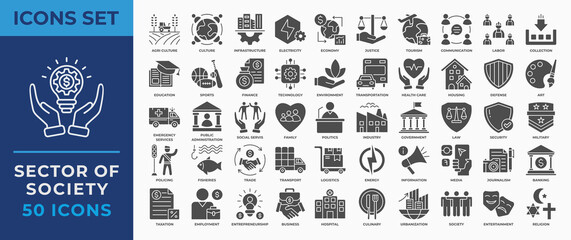 Sector of Society Icon Set Collection. Containing agriculture, economy, healthcare, energy, transportation, technology, education and more. Glyph icon vector Illustration.