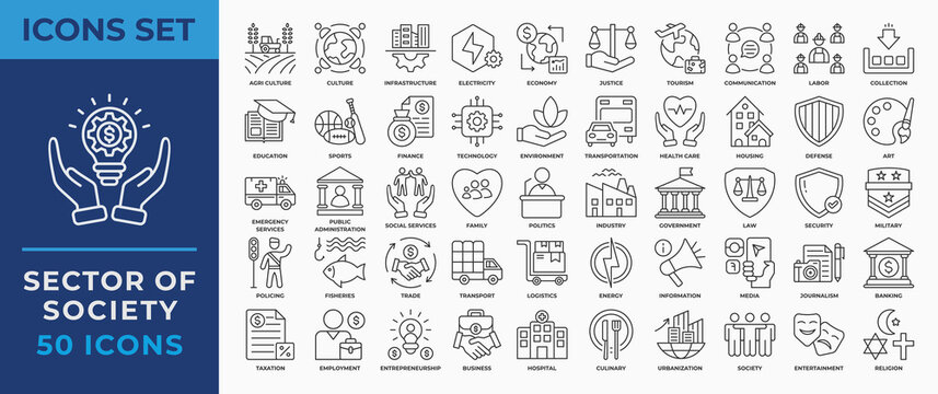 Sector of Society Icon Set Collection. Containing agriculture, economy, healthcare, energy, transportation, technology, education and more. Outline icon vector Illustration.