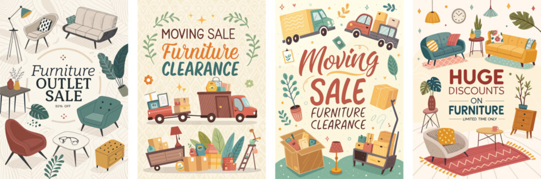 Colorful promotional posters for a furniture clearance sale with various designs.