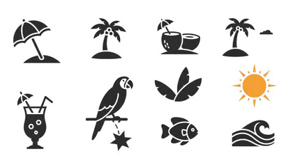 Tropical summer vacation solid vector icon set