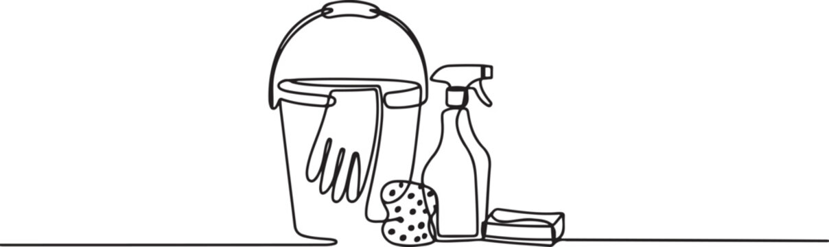 continuous line drawing of cleaning equipment set.one line drawing of cleaning tools, bucket, gloves, spray, sponge, rag One Line Drawing Vector.
