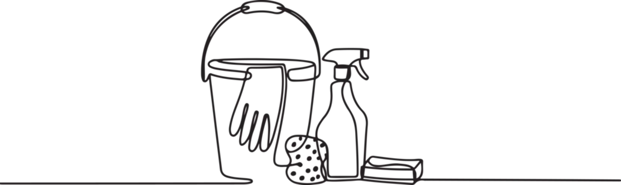 continuous line drawing of cleaning equipment set.one line drawing of cleaning tools, bucket, gloves, spray, sponge, rag One Line Drawing Vector.