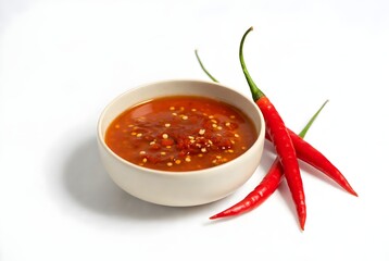 A vibrant close-up captures a ceramic bowl filled with appetizing chili sauce with two fresh red chili peppers beside it, ready to spice up a culinary creation.