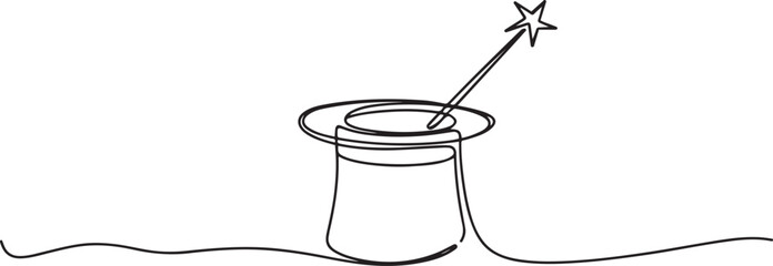 one line art Magic Wand and Hat vector illustration. line art, one continuous line, simple, hand drawn and sketch style One Line Drawing Vector.