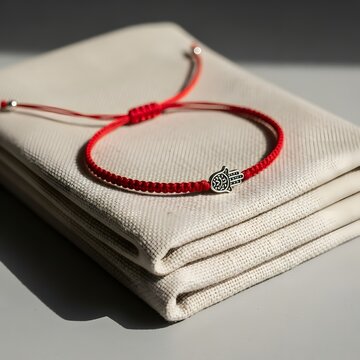 Red String Bracelet with Hamsa Hand Charm on Folded Fabric whisk