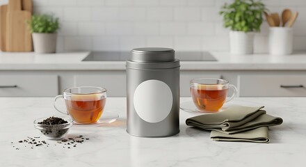 Matte metal tea canister mockup on a quartz kitchen island with glass teacup and loose leaves. Bright natural daylight, fresh organic lifestyle scene, clean blank round label space.
