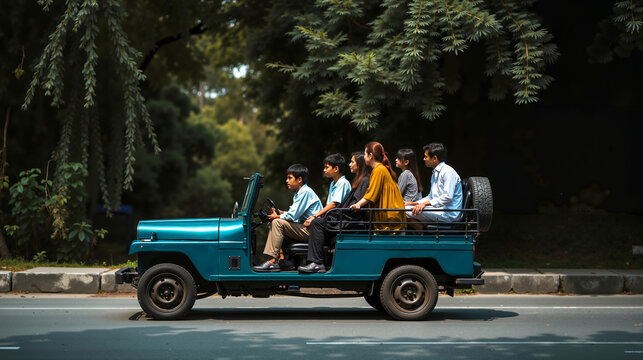 A group of people riding in the back of a blue jeep