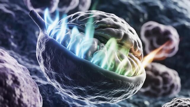 Abstract microscopic view of a brain cell radiating vibrant, multicolored energy streams, symbolizing intricate neurological processes and dynamic cellular activity