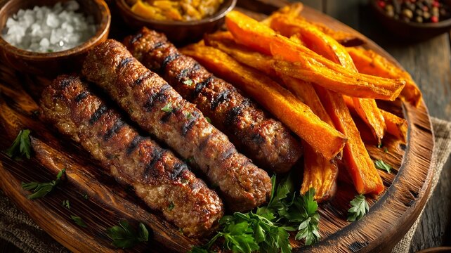 Traditional south european skinless sausages cevapcici made of ground meat and spices crispy sweet potato fries, with thyme and watercress salad