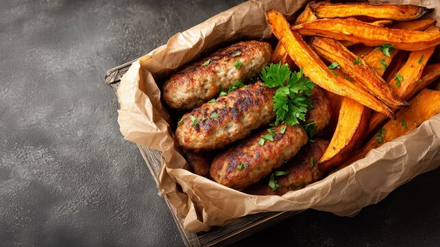 Traditional south european skinless sausages cevapcici made of ground meat and spices crispy sweet potato fries, with thyme and watercress salad