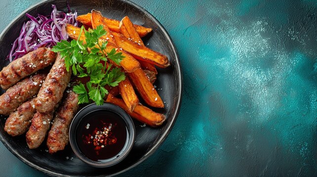 Traditional south european skinless sausages cevapcici made of ground meat and spices crispy sweet potato fries, with thyme and watercress salad