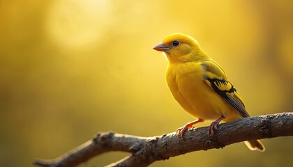 Obraz premium Small yellow bird with black markings perches on a bare tree branch. Its vibrant plumage contrasts with a soft, warm golden blurred background creating a peaceful scene.
