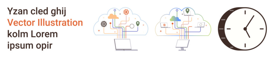 Cloud computing, data connectivity, time management, information flow, technology interface, productivity tools. Two connected clouds flow data into computers next to a clock. Cloud computing © robu_s