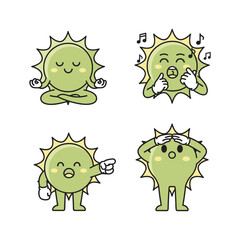 Fototapeta premium Cartoon sun characters showing different emotions and actions in a minimalist style