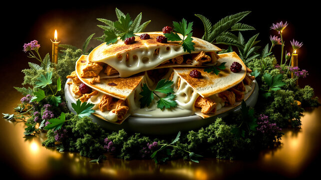 A plate of quesadillas with cheese and berries on top of it