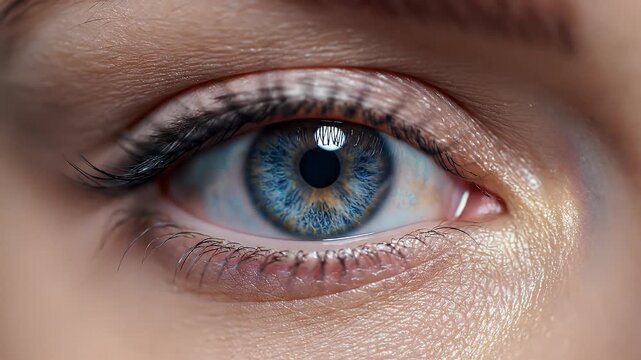 Close-up of a blue eye blinking, showing detailed iris and pupil movement.