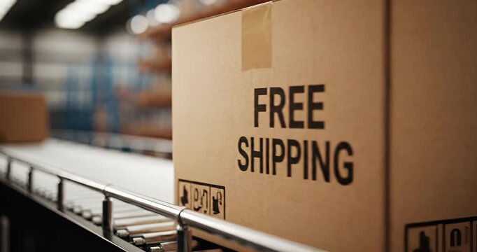 Free Shipping Box Warehouse Conveyor Belt Closeup