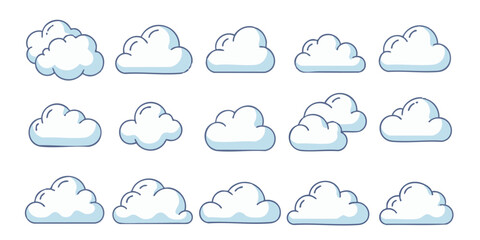 Fototapeta premium Collection of various cloud shapes illustrated in a grid pattern from a straightforward viewpoint