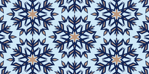 A symmetrical pattern of blue and orange floral motifs on a light blue background, viewed from directly above, showcasing intricate design elements
