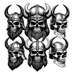 Fototapeta premium Black ink sketch viking skulls. Beared cranium in horns helmet armour, dead bone head human remains, ancient norseman raiders marauders scandinavian norse berserker living corpses zombies avatars