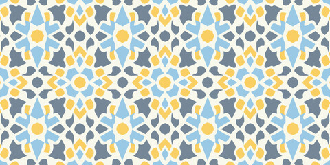 Repeating pattern of geometric shapes and floral motifs in a symmetrical arrangement viewed from directly above